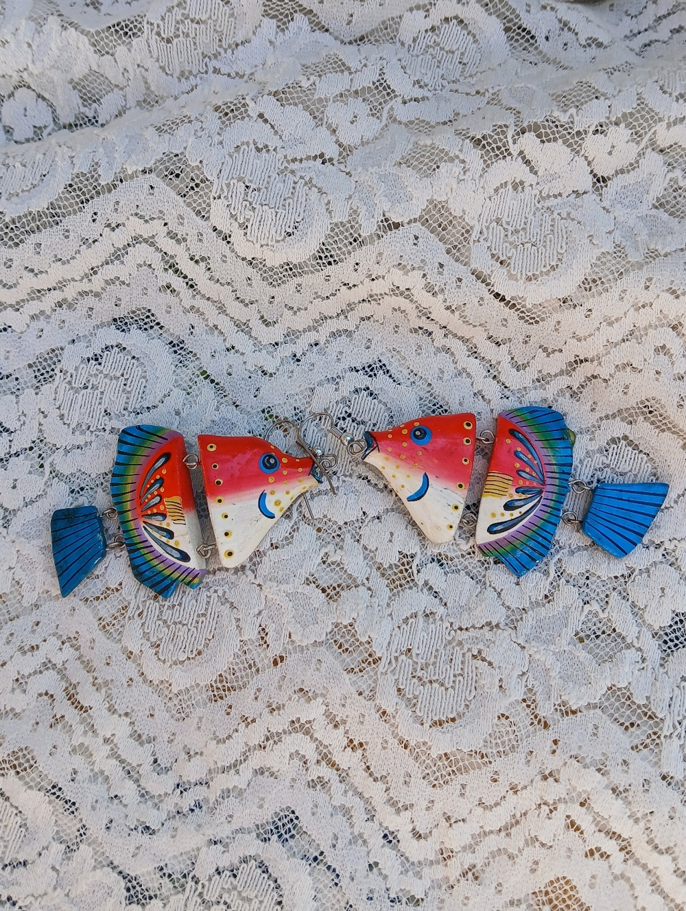Vintage FISH Earrings Handpainted Wooden  Multi-Section Colorful Very Pretty